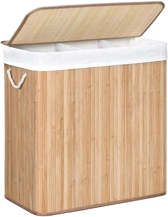 SONGMICS çamaşır sepeti, çamaşır toplayıcı, bambudan yapılmış, kulplu çamaşır sandığı, 3 bölme, klipsli kapak, 150 L, katlanabilir, çamaşır odası, yatak odası, banyo, doğal renk LCB091N01
