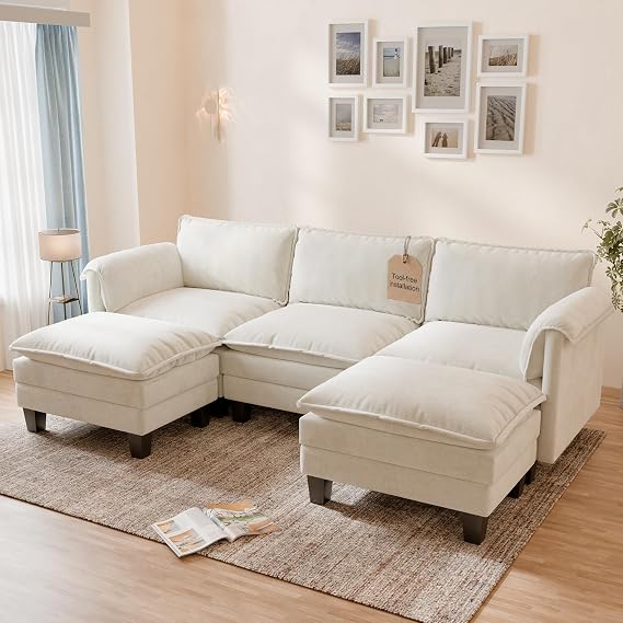 ELUCHANG Modular Cloud Sofa, 256cm Wide U-Shaped Sofa with 2 Ottomans, Modern Chenille 3 Seater Corner Couch with 62cm Deep Seat, Tool-Free Assembly Living Room, Apartments & Guest Room, Beige