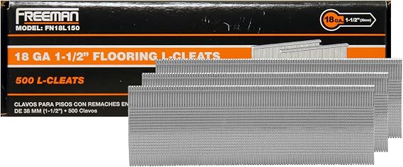 Freeman 18-Gauge Flooring L-Cleats | 1-1/2" | Glue Collated | Serrated Shank | Solid Steel | 500 Count | Indoor | Tongue and Groove Hardwood Floor Installation | FN18L150