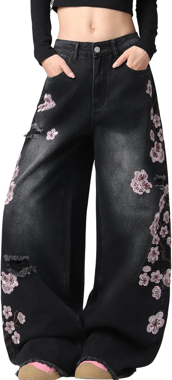 Women Baggy Jeans Vintage Floral Embroidery Wide Leg Denim Pants | Y2K, Hip Hop, Streetwear, Long Trousers, 90s, Loose Fit, Boyfriend, Oversized, Mid Waist, Graphic, Casual, Patterned Jeans