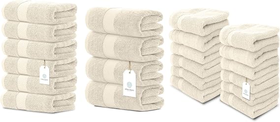 White Classic Luxury 22-Piece Towel Set - 6 Hand Towels (16x30), 4 Bath Towels (27x54), 12 Washcloths (13x13) | Cotton, Highly Absorbent, Quick Dry, 700 GSM, White, Ivory