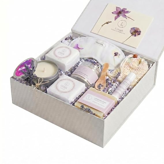 Lizush Luxury Spa Gifts for Women 7 Piece Lavender Gift Set with Candle, Gift Baskets for Women, Body Care Set for Mom, Birthday Box, Relaxation & Self Care Spa Kit for Wife Handmade in the USA