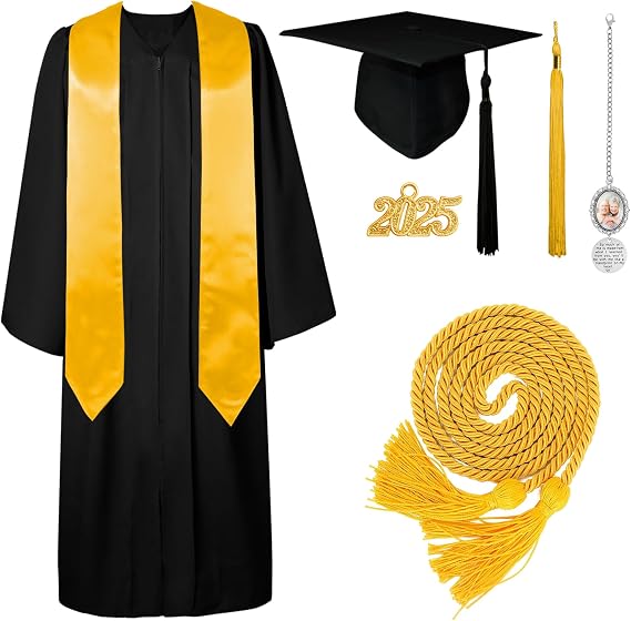 GraduatePro Graduation Cap Gown 2025 Black Tassel with Gold Stole Cord Tassel Photo Charm Ornament for High School