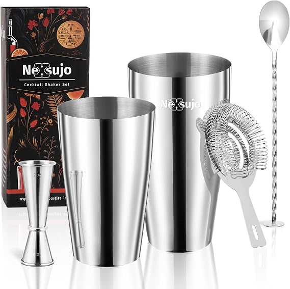 Boston Cocktail Shaker Set, 4-Piece Bar Tools Set, Professional Bar Set with Boston Shaker, Bar Spoon, Jigger, Hawthorne Strainer, Stainless Steel, Dishwasher Safe, Ideal Bartender Kit for Bar
