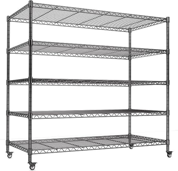 AIRAJ 48 W Storage Shelves Heavy Duty | 3200 LBS Metal Shelving | 5 Tier Wire Shelving | Garage Shelving Units and Storage | Rolling Wire Rack with Wheels | Adjustable Layer Height | 48W24D72 H