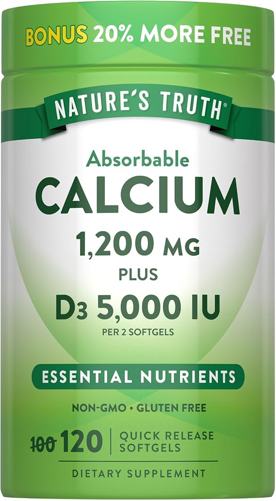 Nature's Truth Absorbable Calcium | 1200 mg | with Vitamin D3 5000 IU | 120 Softgels | Calcium Carbonate | Non-GMO & Gluten Free Supplement