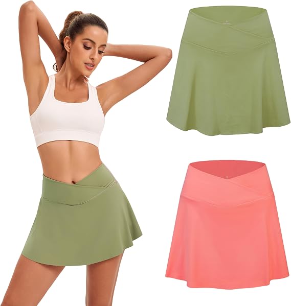 Yknktstc Athletic Skirts for Women 2 Piece Pleated Tennis Skort with Pockets Crossover Golf Skorts Workout Skirts