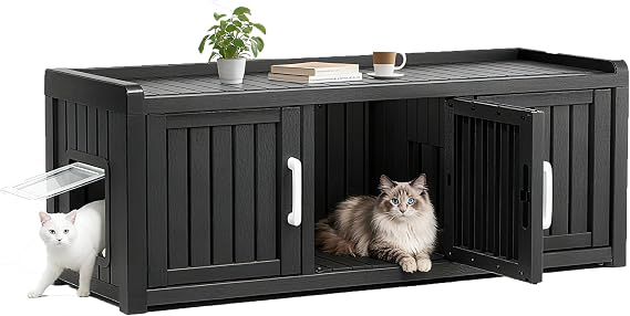 Cat Litter Box Enclosure, Hidden Cat Litter Box Furniture for 2 Cats, Resin Outdoor Cat Enclosure with Hidden Toilet, End Table, Fit Cat Litter Box, Black-Dual-Side Entry/exit