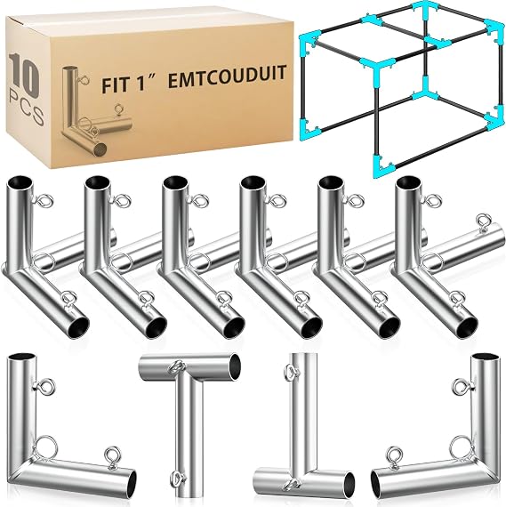 ForoGore 10 Pcs 1'' Golf Frame Corner Kit DIY Canopy Fittings Kit | with Threaded Eye Bolts for EMT Pipe 10' L x 10' W x 10' H Practice Golf Cage Net Indoor Outdoor Home