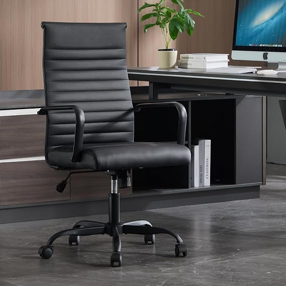 Office Chair, Ergonomic Executive Conference Room Chairs, Ribbed Leather Desk Chair with Lumbar Support, Adjustable Height Mid-Back Swivel Chair with Padded Seat