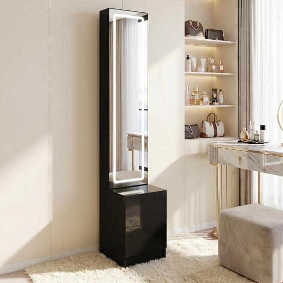 LED Jewelry Armoire with Full Length Mirror, Makeup Storage Cabinet | 3-Color Dimmable LED Mirror with Multi-Layer Jewelry & Cosmetic Storage, Freestanding Vanity Organizer for Bedroom