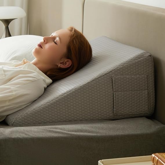 Bedluxe Wedge Pillow for Sleep, 12 Inch Elevated Support Bed Wedge Pillow, Breathable Triangle Pillow, Wedge Cooling Memory Foam Top, Removable, Washable Cover, Gray