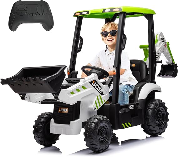 4 in 1 Ride on Tractor Truck, Excavator & Bulldozer, 12V Licensed JCB Electric Vehicle w/Front Loader, Shovel Bucket, Digger, Ceiling, Remote Control, Kids Ride on Car Toys, White