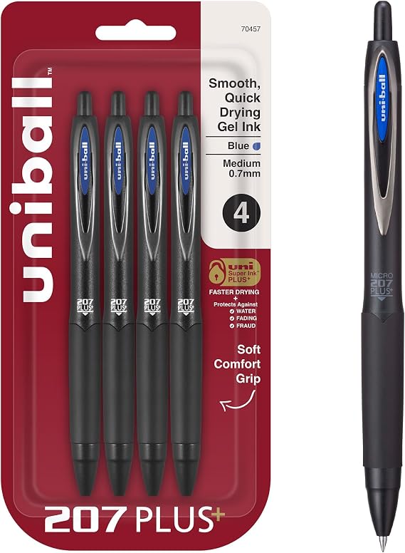 uniballTM 207 Plus+ Gel Pens, Blue Ink, 0.7mm Medium Point, 4 Count