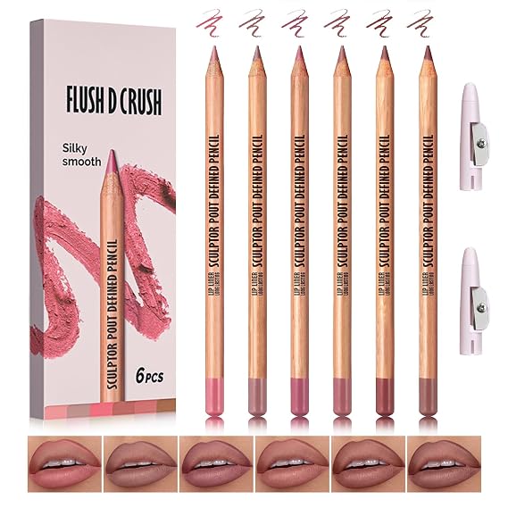 6 Colors Lip Liner Set Rose Red Lip Liner Pack, Natural Matte Finish, Smooth Long Lasting Lip Liner Pencil with 2 Sharpeners-Set 01