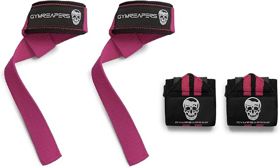 Gymreapers 18" Weightlifting Wrist Wraps & Lifting Straps Combo Competition Grade Wrist Support with Thumb Loop & Padded Neoprene Straps for Powerlifting, Bodybuilding, Strength Training (Pink)