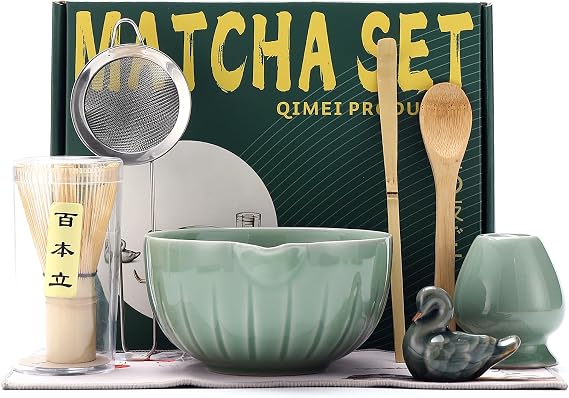 Matcha Ceremony Accessory,temmoku glaze Matcha Whisk, Traditional Scoop (Chashaku), Tea Spoon, Whisk Holder, 1 tea bowl, 1 tea siev, The Perfect Set to Prepare a Traditional Cup of Matcha. (Green)