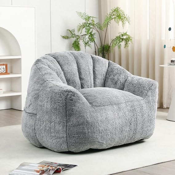 Bean Bag Chair, Bean Bag Sofa Chair with Armrests Stuffed High-Density Foam, Lazy Sofa Comfy Chairs BeanBag Chair for Adults in Living Room,Bedroom Reading (Dark Gray + Faux Fur + Foam)