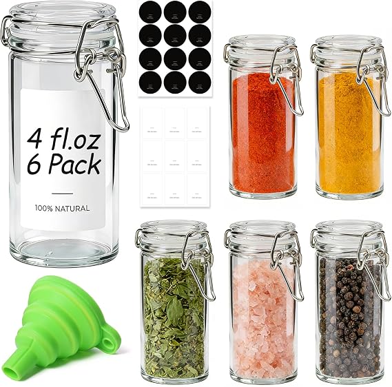 ComSaf Small Glass Spice Jars with Airtight Lids 4 oz 6 Pack with Labels