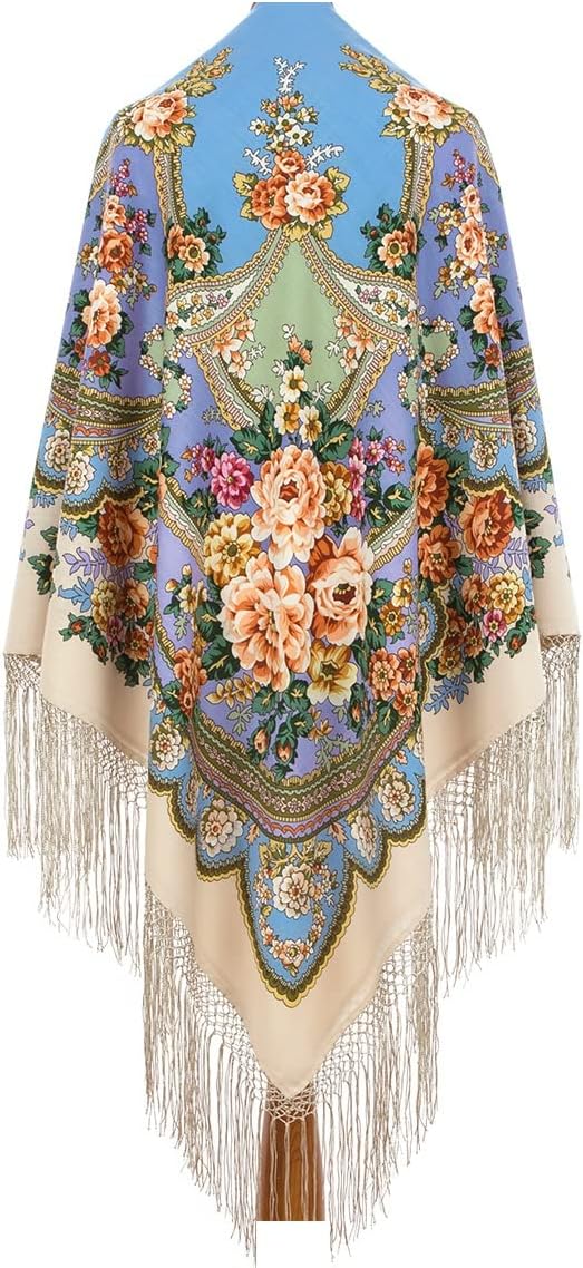 Pavlovo Posad Russian Shawl 100% Wool 58x58 Scarf 148x148 cm silk tassels fringe, Seasons. Spring 706-2