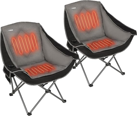 Heated Camping Chairs 2 Pack,Oversized Padded Heating Lawn Chair with Cup Holder,Wide&Thick,Heavy Duty Folding for Patio,Tailgates,and Sports,Battery NOT Included,Black