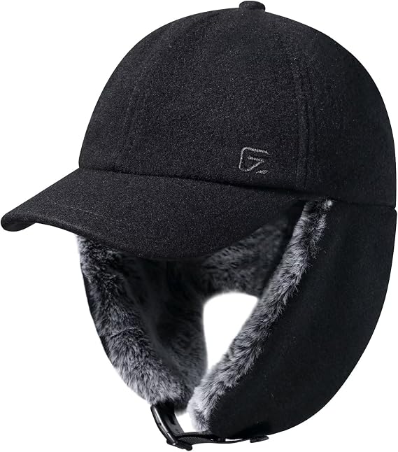 GADIEMKENSD Unisex Winter Wool Baseball Cap with Faux Fur Lined Ear Flaps, Trapper Hat with Reflective Line