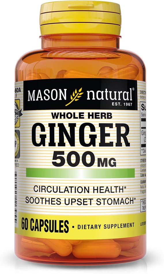 MASON NATURAL Whole Herb Ginger 500 mg, 2 Month Supply, Natural Herbal Supplement, 60 Capsules