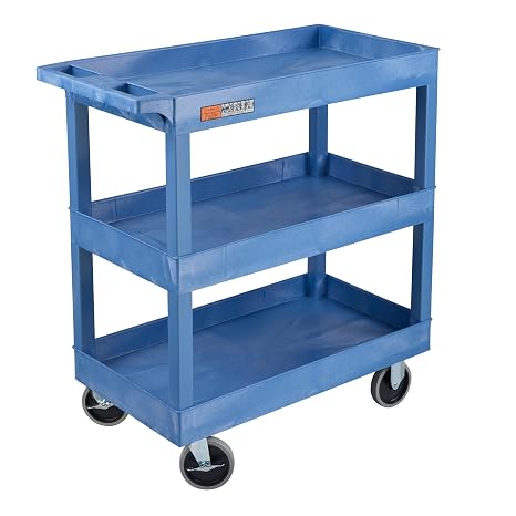 Luxor Three Shelf Heavy Duty High Capacity Tub Cart with Handle - 18"D x 35.25"W x 37.25"H, Plastic, Blue