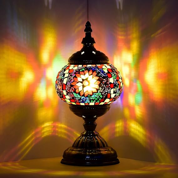Marrakech Turkish Mosaic Lamp Stained Glass Table Lamp with Tiffany Style | Handmade Moroccan Table Lamp with Bronze Base, Decorative Accent Vintage Lamp for Living Room Bedroom Including LED Bulb