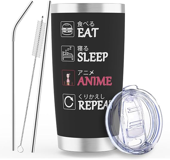 Gifts for Anime Lovers, Perfect Anime Gifts for Men, Women, Teen Boys & Girls - 20oz/590ml Stainless Steel Tumbler with Lid & Straws, Double-Wall Insulated Technology, Black