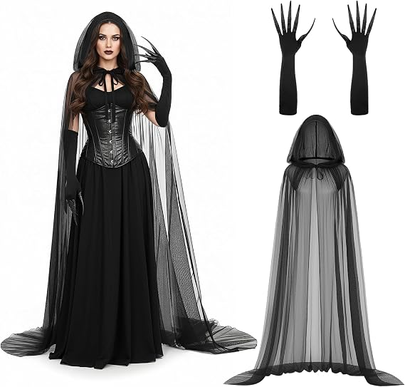 Tulle Hooded Black Cape with Long Nail Claw Gloves Vampire Costumes Demon Witches Cloak Black Cat Cosplay for Women Halloween