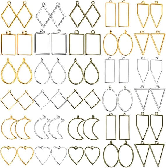60pcs Geometric Alloy Pendant Frames & UV Epoxy Resin Mould Kit Mixed Shapes DIY Jewellery Making Supplies, Metal Blanks for Earrings, Necklaces, Keychains Crafts Gift 