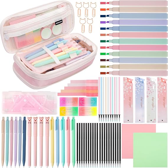 82pcs Aesthetic School Supplies Stationery Set with Pencil Case,Pastel Highlighters Gel Pens Mechanical Pencils 0.5 & 0.7mm,Essentials Stationary Set for Students Back to School Supplies（Pink）