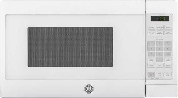 GE Countertop Microwave Oven, 700 Watt, 0.7 Cu. Ft., White, GCHK07N1WWW | 4 Convenience Cook Settings, One-Touch Controls, Child Lock Technology, Glass Turntable, for Kitchen, Dorm, Office, Apartment