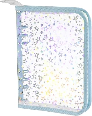NEWEST A5 Budget Binder Cover with Zipper for Cash Budget System, Glitter Stars A5 6 Ring Binder Planner, Clear PVC Refillable Notebook Shell for Journal Albums Diary School Office Supplies, Blue