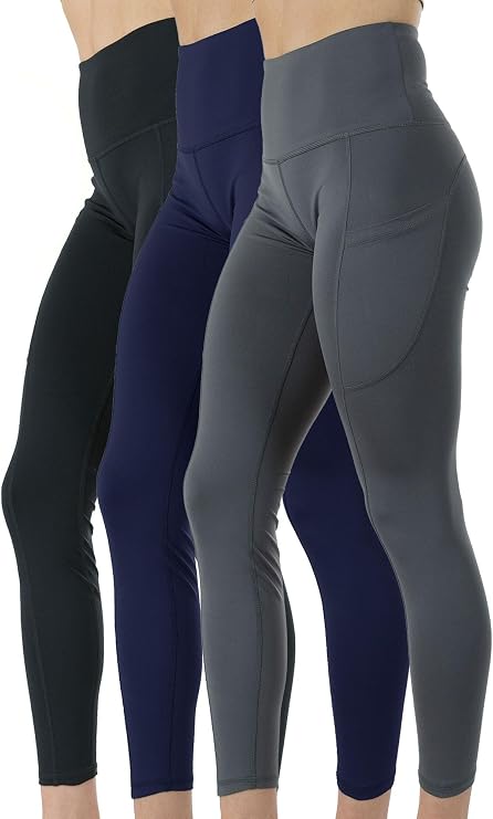 Kuda Moda 3-Pack Women's High Waist Yoga Leggings with Two Side Pockets Sports Legging Pants