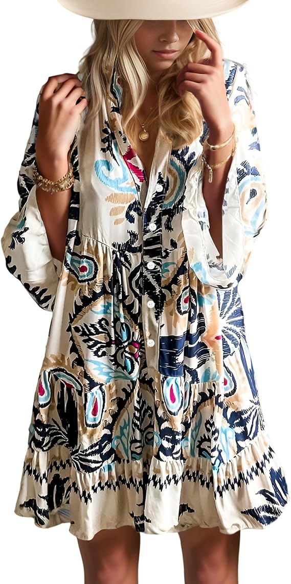 Opemiby Summer Dresses for Women 2026 Flowy Ruffle 3/4 Bell Sleeve V Neck Tiered Casual Babydoll Boho Floral Beach Mini Dress