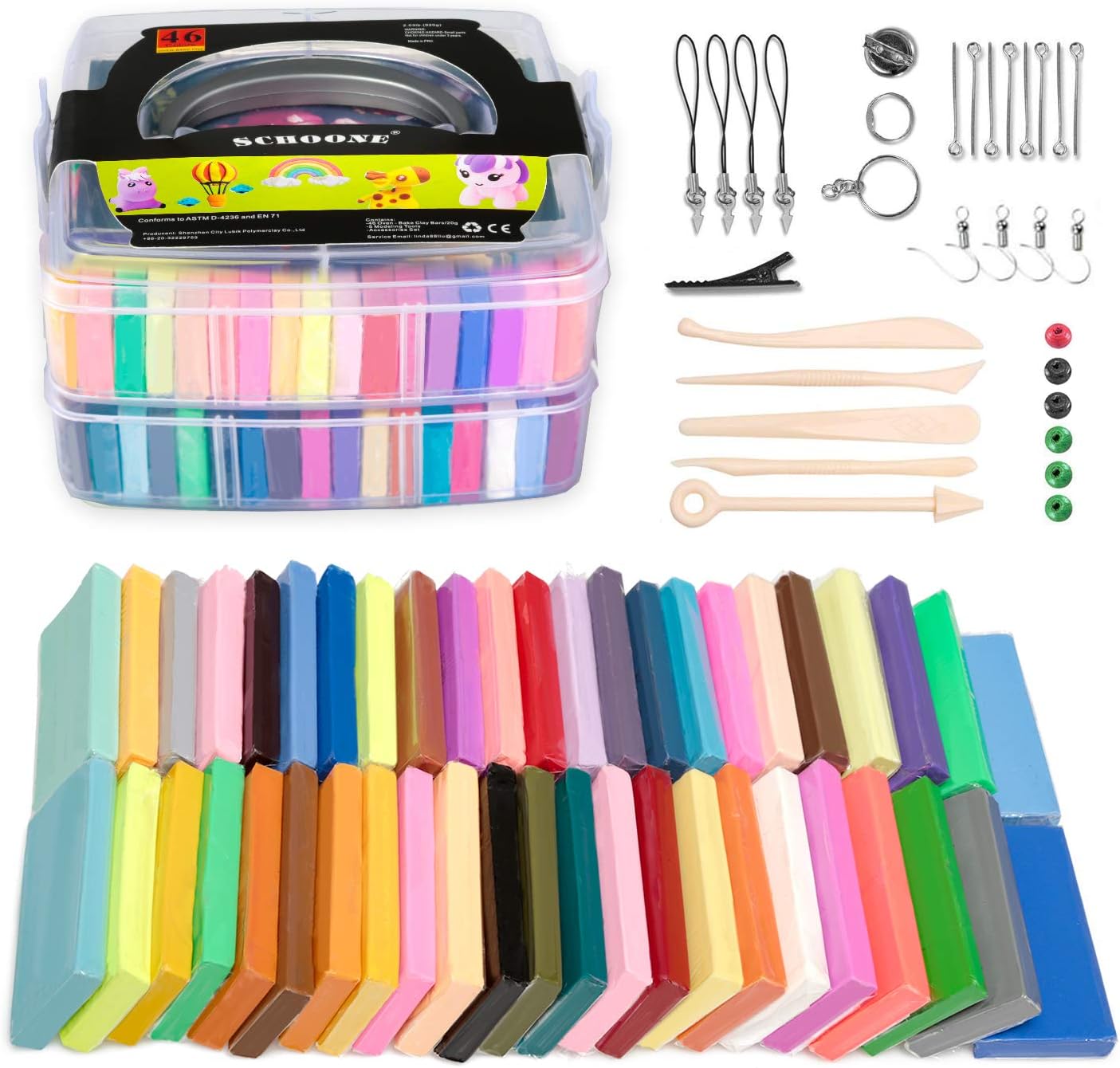 Polymer Clay Set – 46 Colors Modeling Clay Soft and Nontoxic DIY Oven Bake Clay Kit with Modeling Tools and Storage Box, Birthday for Kids Multicolor