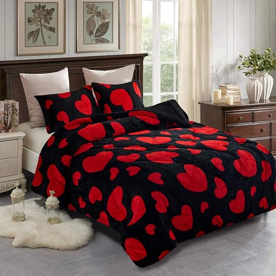 JML Fleece Blanket, 3- Pieces Sherpa Blanket - Super Soft Warm, Korean Style Reversible Printed Winter Borrego Blanket (Black Red Heart, Queen(75"x83"))