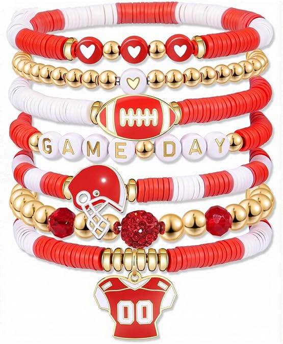 Football Bracelets for Women Football Game Day Bracelets Layered Stacking Bead Stretch Rugby Bracelet Rugby Helmet Mom Bracelet Sporter Jewelry for Women