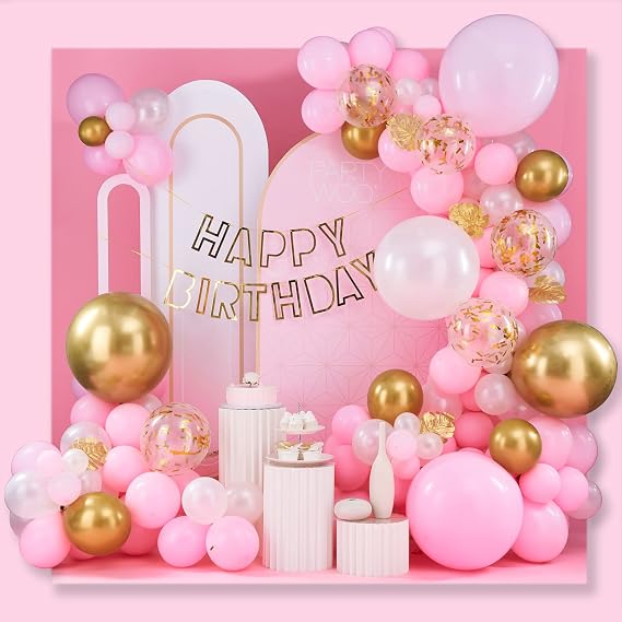 PartyWoo Pink and Gold Balloon Garland, 100 pcs Pink Balloon Arch Kit, Happy Birthday Banner, Metallic Gold Baby Pink Balloons for Pink Birthday Decorations Women, 5 pcs 18 in Large Balloons