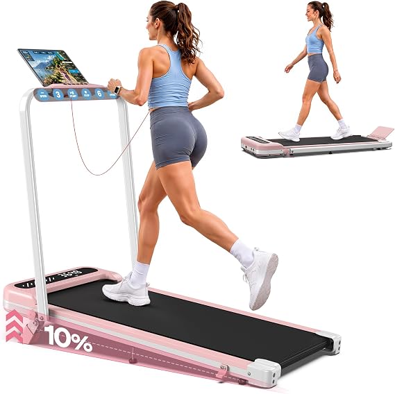 Cardirun Pink Walking Pad with 10% Incline & Handle Bar, Foldable Treadmill