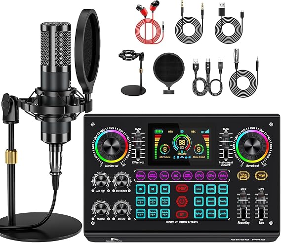 Audio Mixer Podcast Equipment Bundle Live Sound Card with P15 Microphone Voice Changer Sound Effects for PC Phone Tablet Streaming Gaming Recording, Noise Reduction C200PRO-P15(DISC)