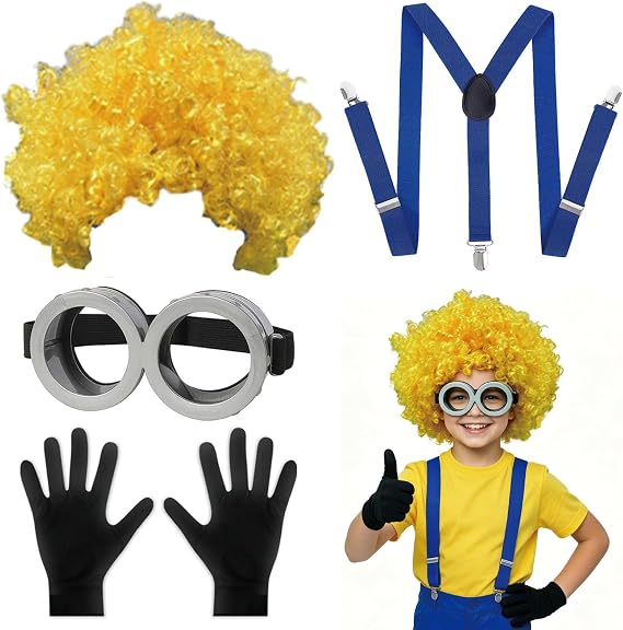 KFSCIP 4Pcs Yellow Halloween Costume Accessories Set, Yellow Outfit Accessories Fancy Dress Set for Themed Parties, Role Play Events and Stage Performances, Includes Goggles Hat Gloves Wig Strap Clip