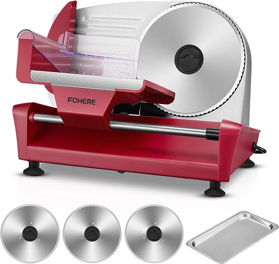 250 Watt Electric Stainless Steel Slicer Bread Slicer 3 Blades Adjustable Food Processor 0 to 15 mm Sausage Slicer Ham Cutter for Meat Cheese etc. Red