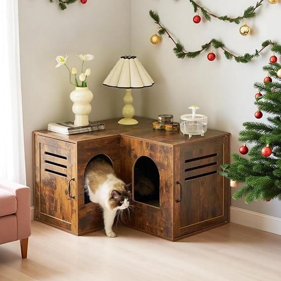 Corner Cat Litter Box Enclosure, 31.5" Hidden Litter Box Furniture for 2 Cats, Indoor Cat House End Table with Double Room, Vintage Brown