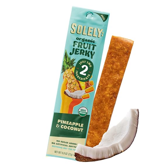 SOLELY - Organic Pineapple Coconut Fruit Jerky - 1 Individually Wrapped Strip - Fruit Leather Made from Dried Fruit - Healthy Snacks for Adults & Kids - Non GMO, Vegan Snacks - 0.8oz (23g)