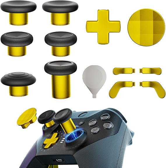 14-in-1 Controller Accessories Kit Compatible with Xbox Elite Series 2, 6 Premium Metal Thumbsticks, Swap Joysticks, 4 Interchangeable Paddles, 2 D-Pads, 1 Tool & 1 Storage Bag (Bright Gold)