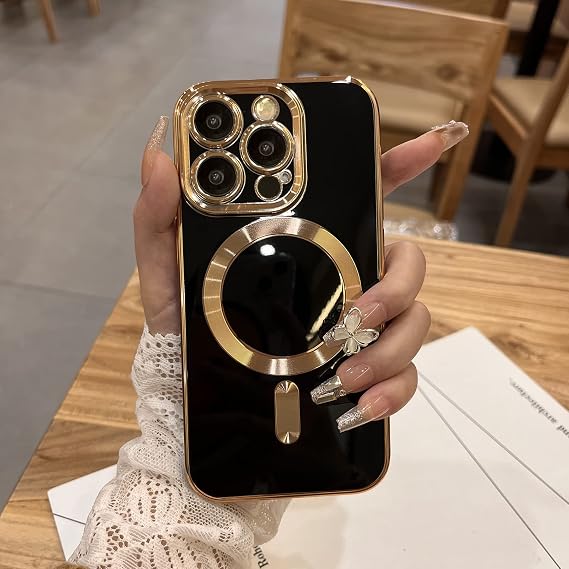 OOK Magnetic Case for iPhone 15 Pro Max Gold Plating Edge - Black