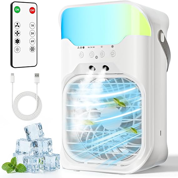 Portable Air Conditioners,4-in-1 Air Cooler,3 Fan Speeds,1600ML Water Tank With 2 Mist,10 Color Night Light,Remote Control,Portable AC for Room,Car,Bedroom,Office,Outdoor